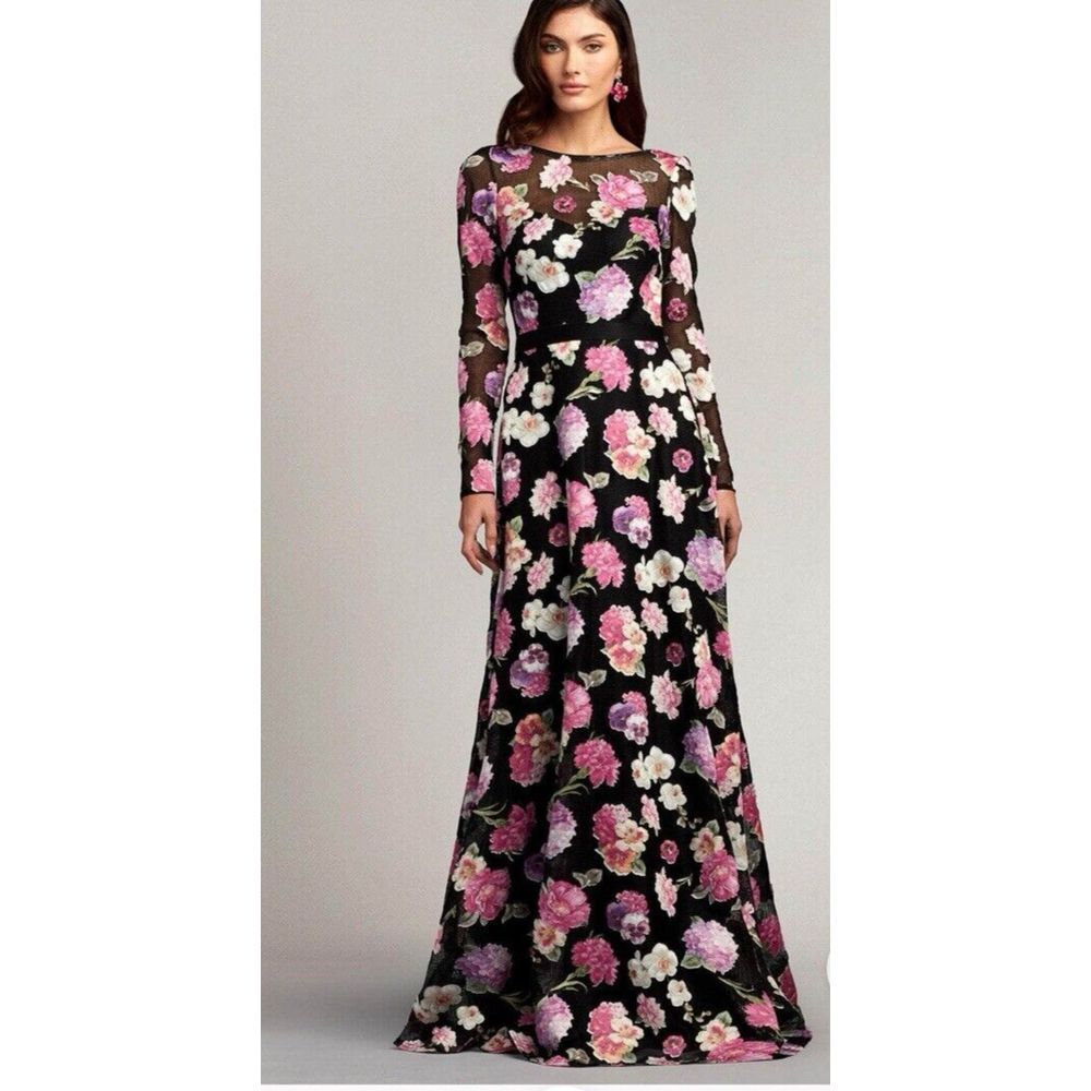 Tadashi Shoji  Detailed Floral A-line Long Gown Black Mesh Sz 2‎ CBM-23085L